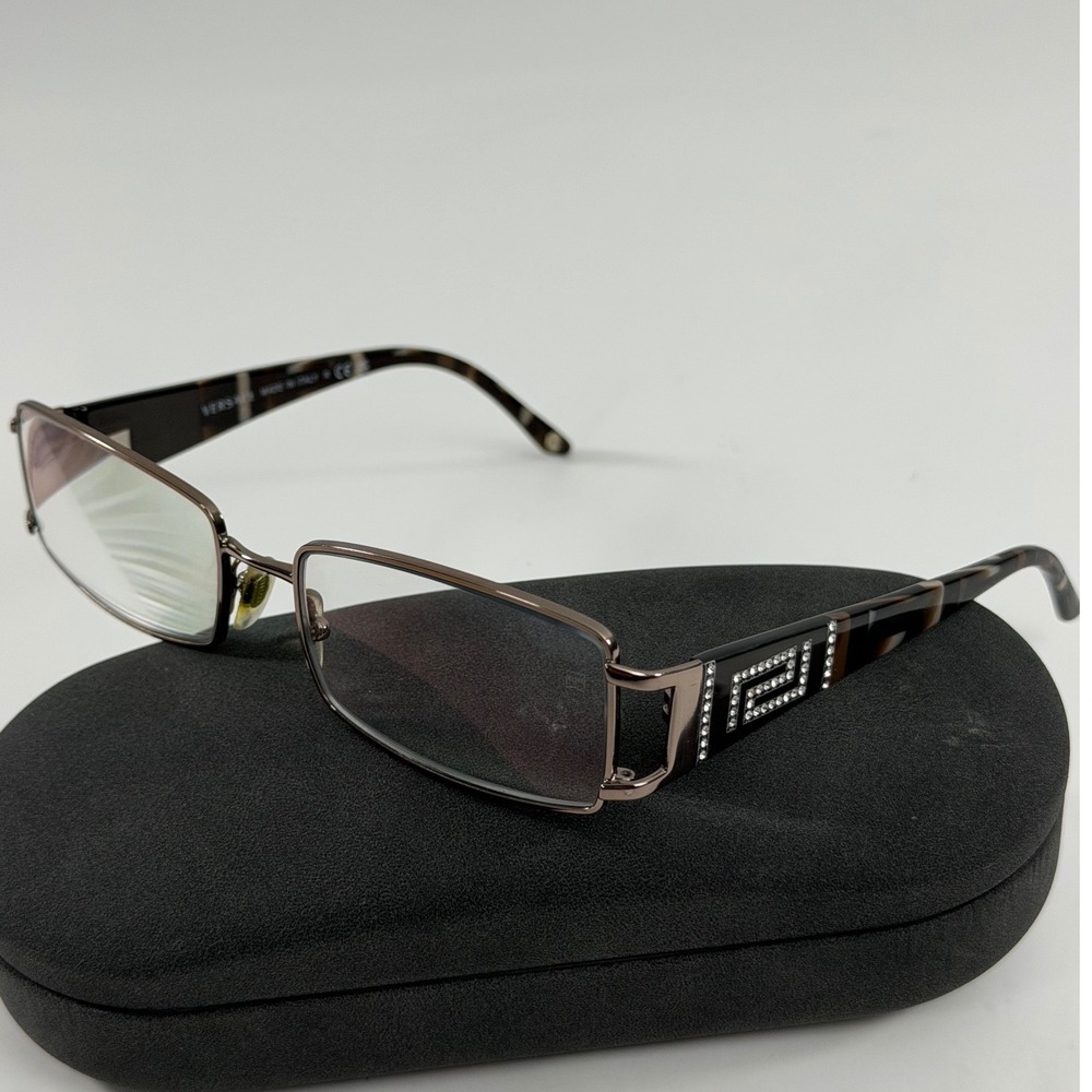 Versace Greca Crystal Rectangular Eyeglasses Gunmetal Tortoise Made in Italy